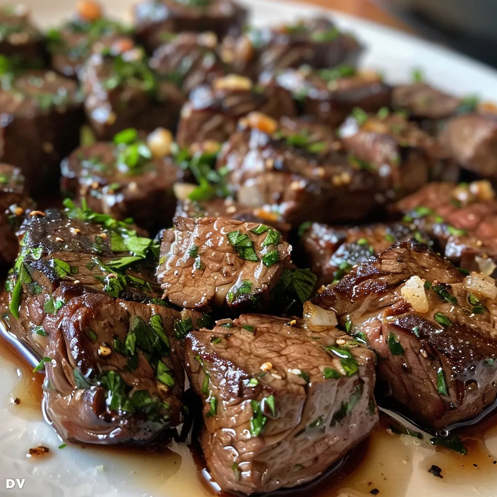 Side view of tender steak pieces glistening with garlic butter.