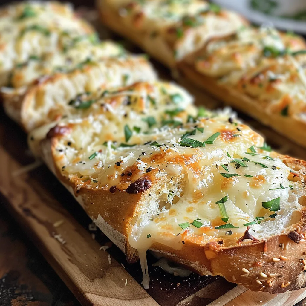 Side angle of freshly baked Garlic Cheese Bread, showcasing its cheesy topping and crispy crust.