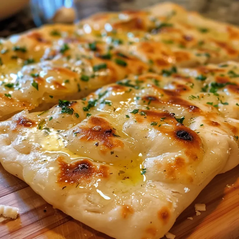 Close-up of golden brown garlic flatbread with a buttery sheen.