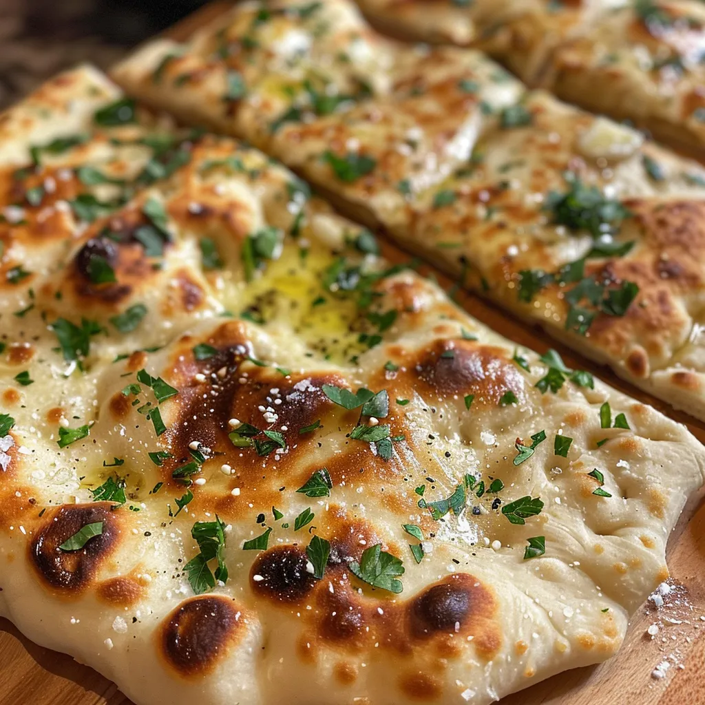 Side view of freshly baked garlic flatbread with garlic and herbs sprinkled on top.