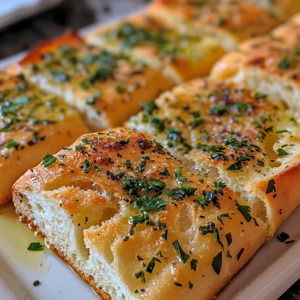 Side view of freshly baked garlic herb bread with visible garlic and herb swirls.
