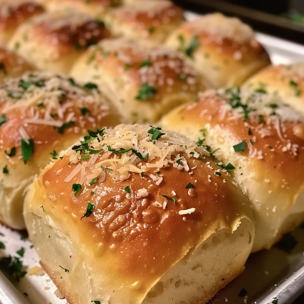 Close-up view of golden brown Garlic Parmesan Dinner Rolls with a glossy finish.