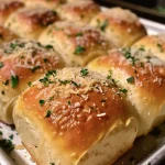 Close-up view of golden-brown garlic parmesan dinner rolls with a glossy butter finish.