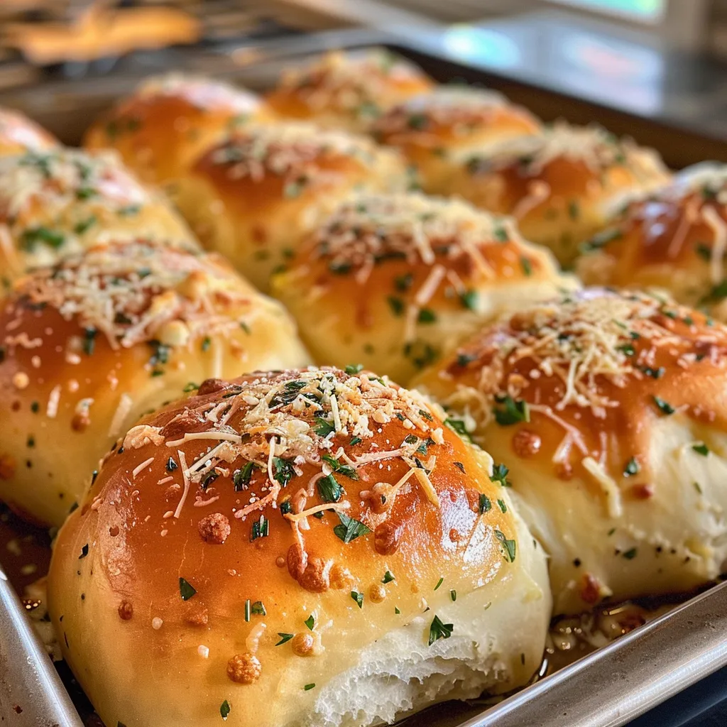 Side view of freshly baked Garlic Parmesan Dinner Rolls, showcasing their fluffy texture.