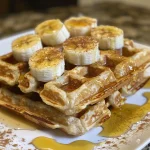 Close-up view of golden-brown gluten-free banana oat waffles stacked on a plate.