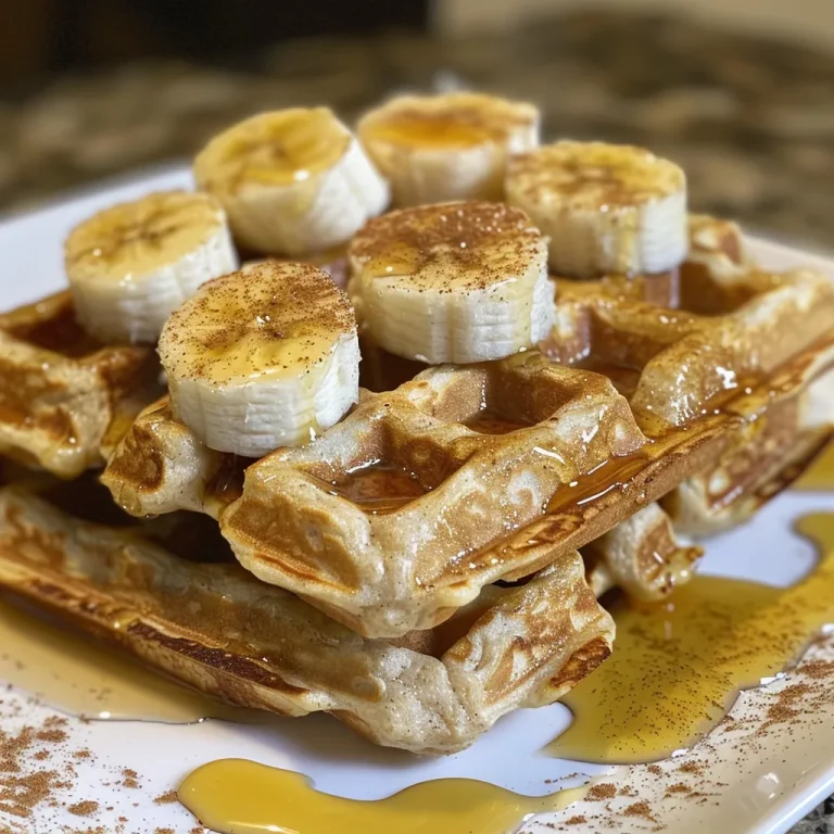 Close-up view of golden-brown gluten-free banana oat waffles stacked on a plate.