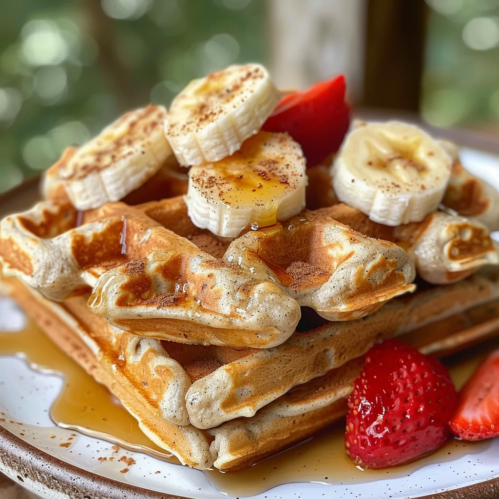 Side view of fluffy gluten-free banana oat waffles drizzled with syrup on a white plate.