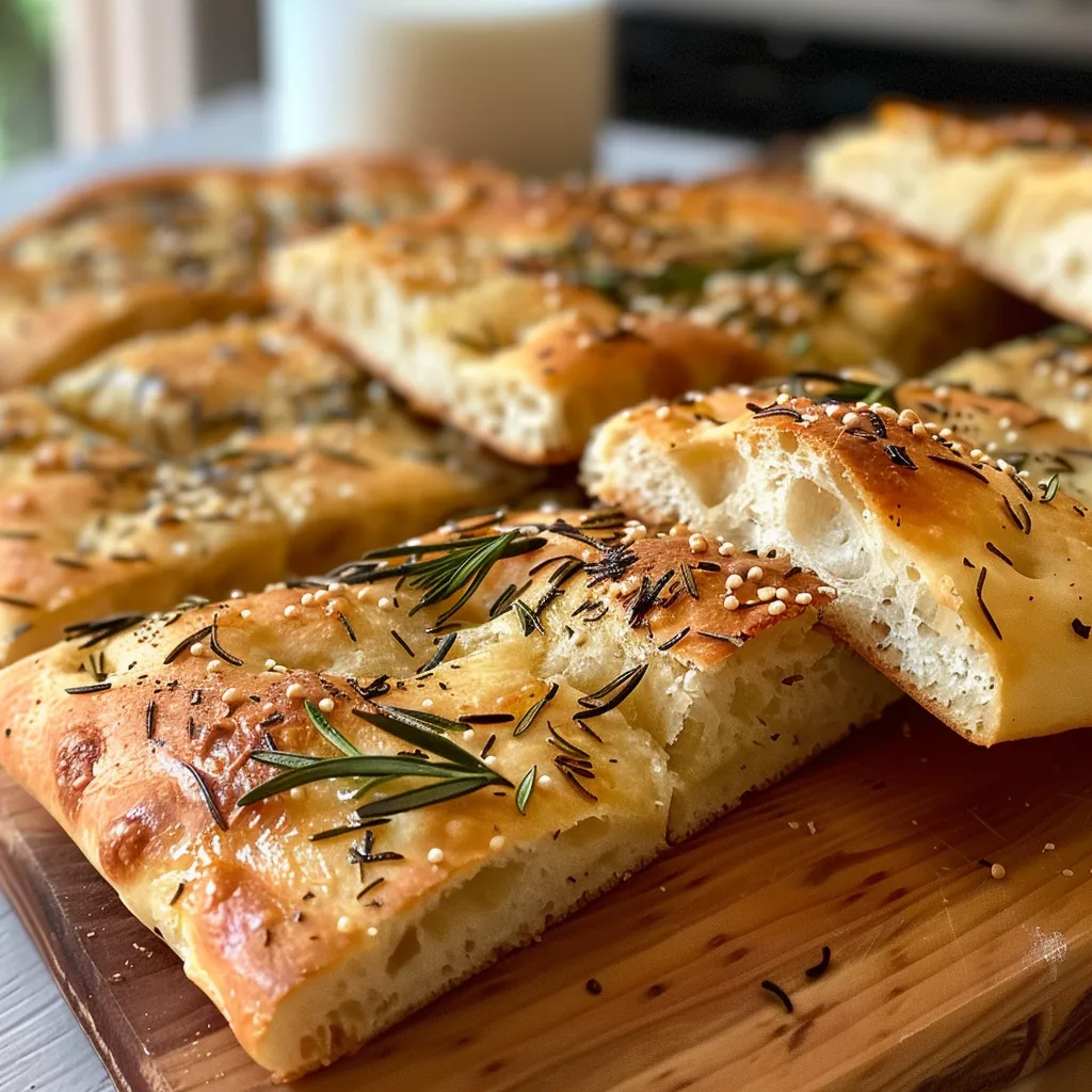 Side profile of freshly baked gluten-free focaccia, showcasing its airy texture and herbs.