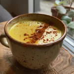 Close-up of a frothy golden milk latte in a clear glass, garnished with a sprinkle of cinnamon.