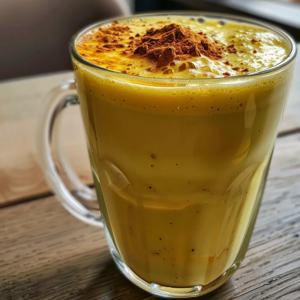 Side view of a creamy turmeric latte with a smooth texture, served in a modern glass cup.
