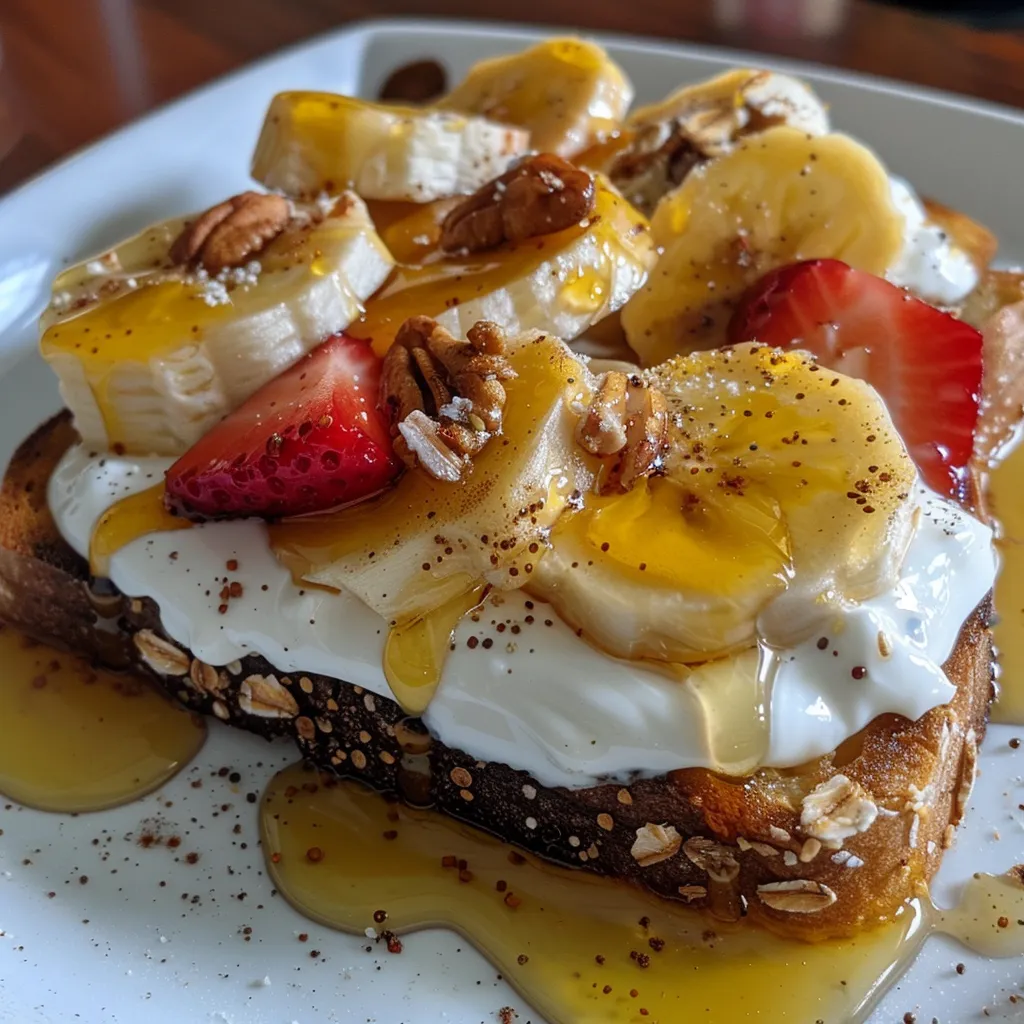 Side angle of a slice of toast topped with creamy Greek yogurt and golden honey.