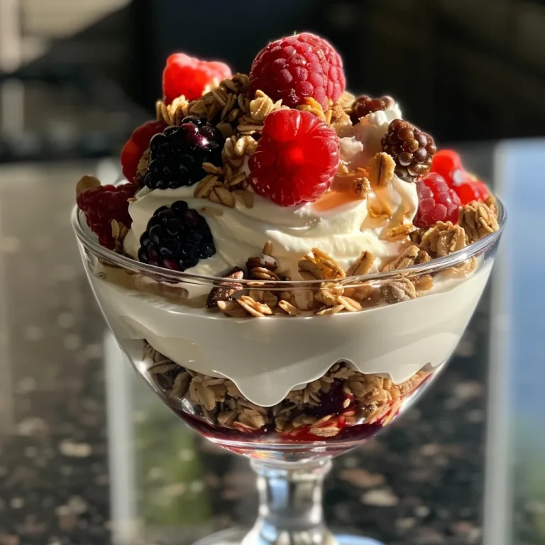 A close-up side view of a Greek yogurt berry protein parfait layered with colorful berries and granola.
