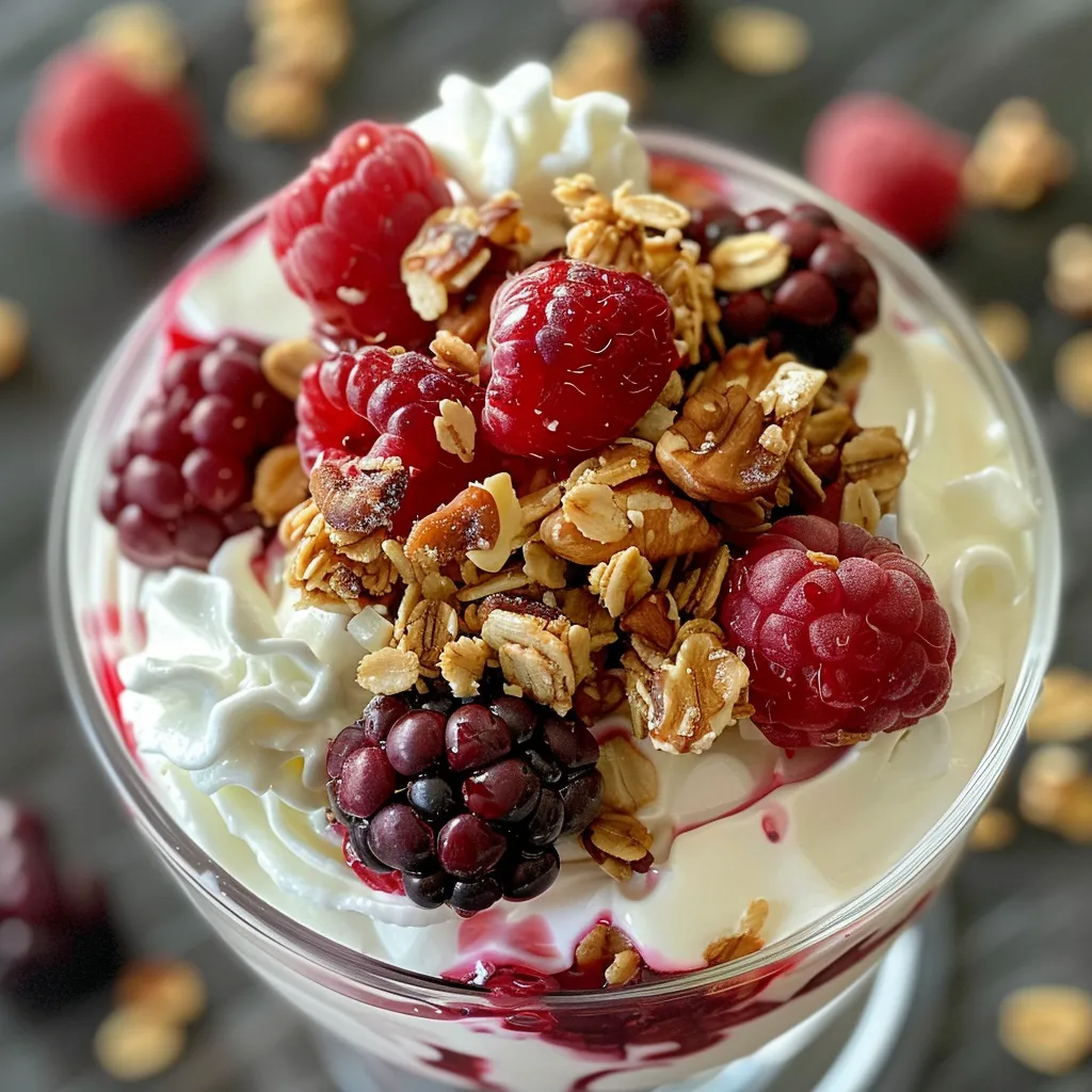 A detailed image of a delicious Greek yogurt parfait featuring various berries and a sprinkle of granola.