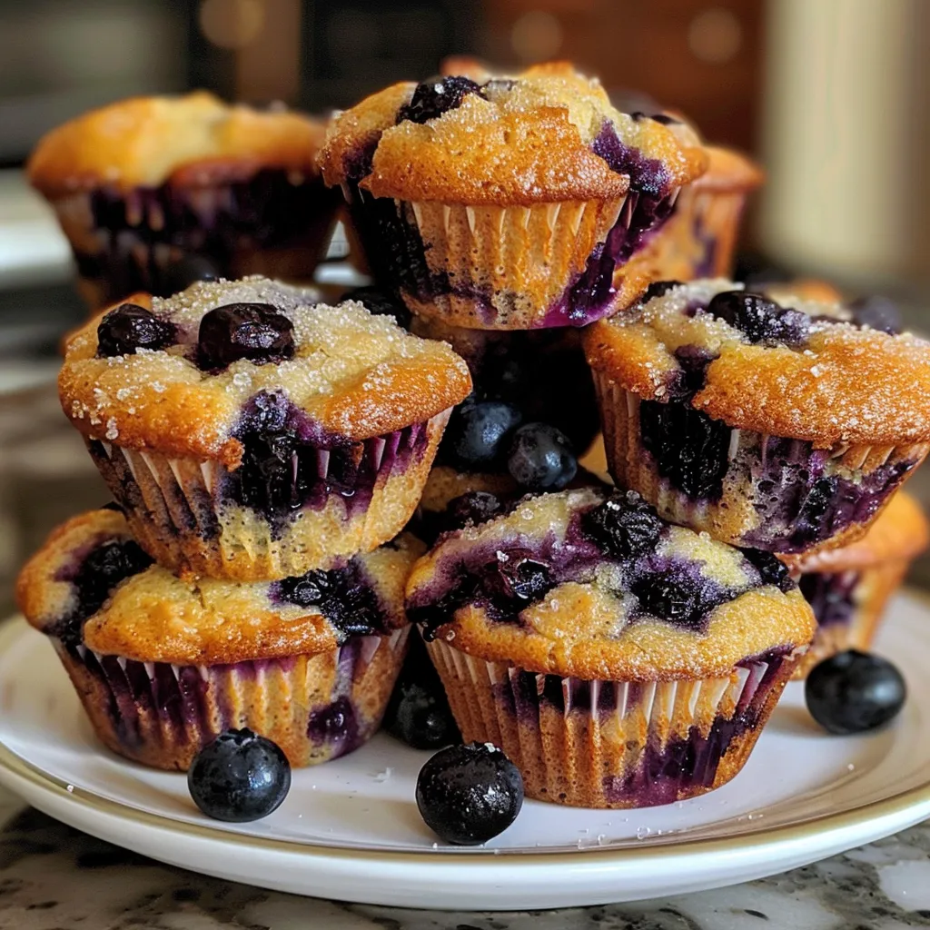 Fluffy Greek yogurt blueberry muffins arranged on a plate, highlighting their texture.