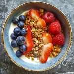 A close-up view of a Greek yogurt breakfast bowl with fresh berries and granola.
