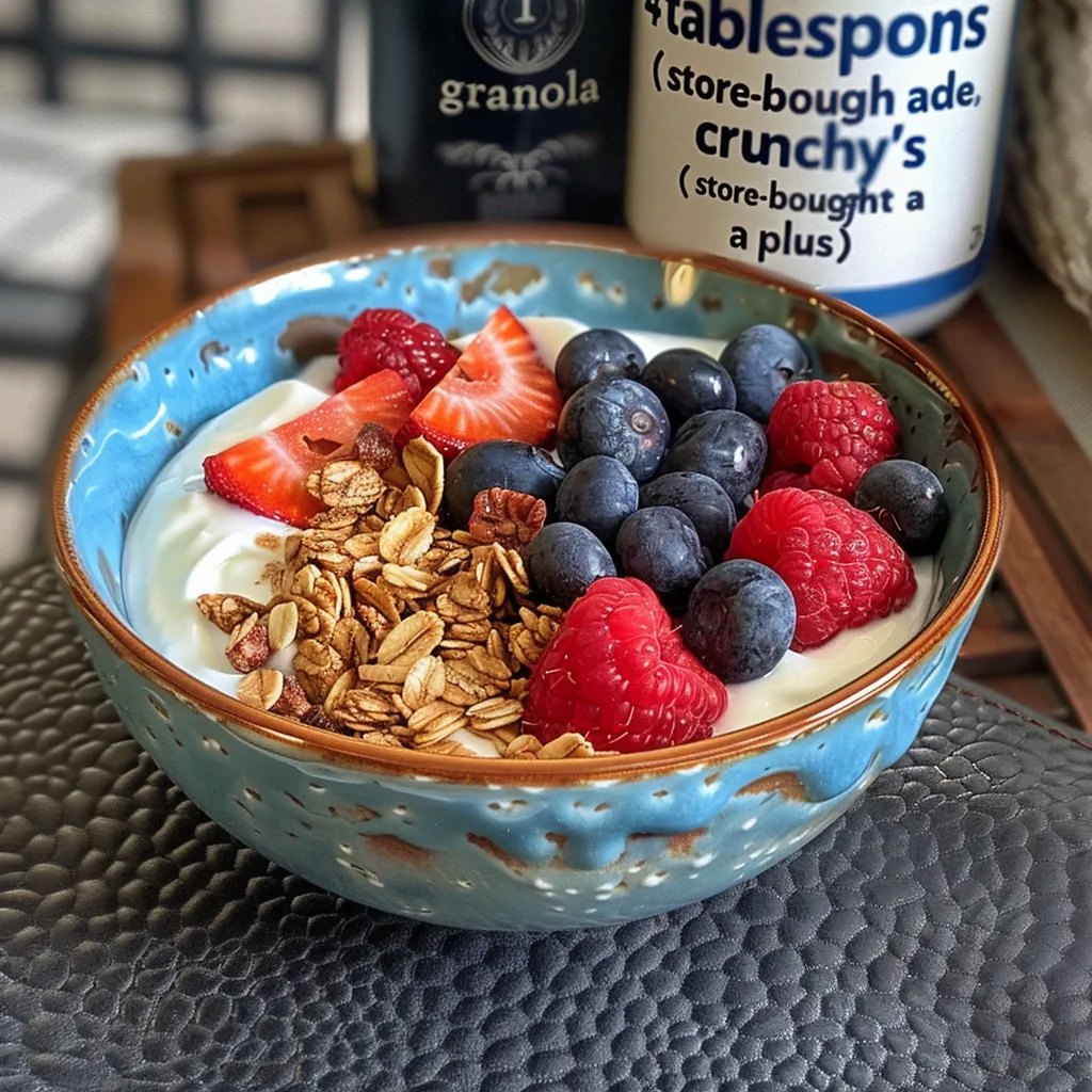 Side angle of a vibrant breakfast bowl filled with Greek yogurt, nuts, and fruit.