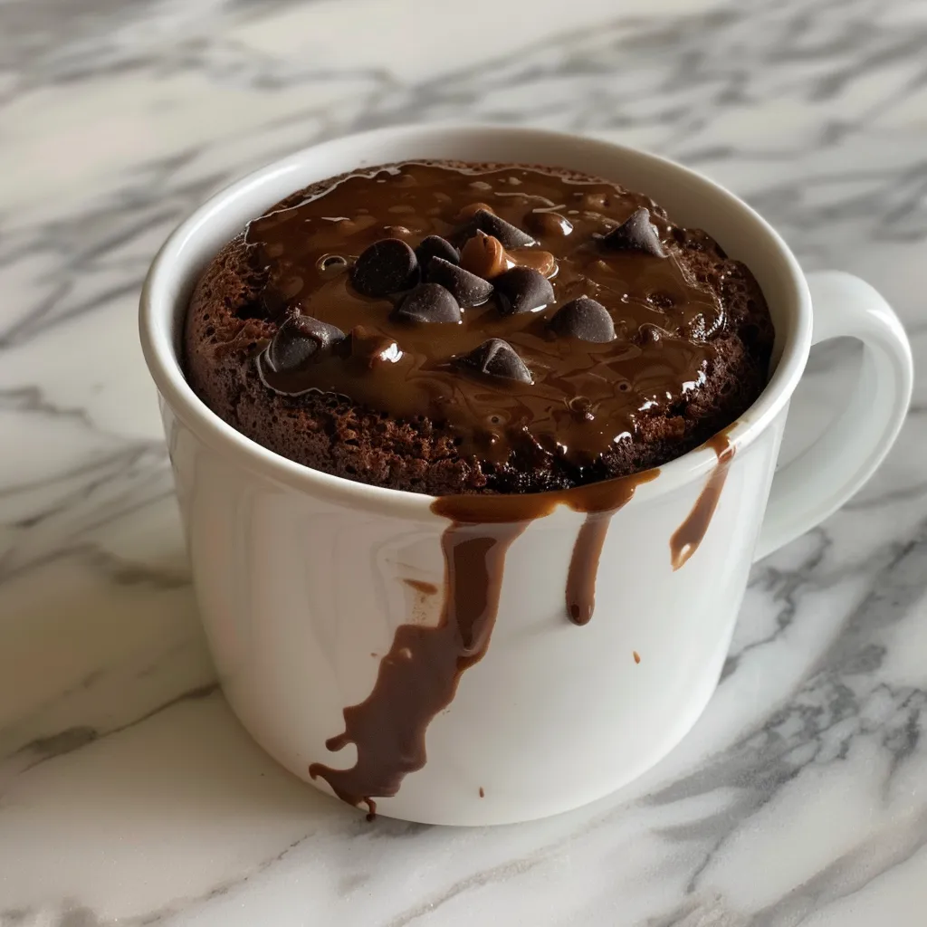 Side view of a mug filled with a moist Greek Yogurt Cake topped with melted chocolate.