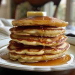 Close-up of fluffy Greek yogurt pancakes stacked on a plate.