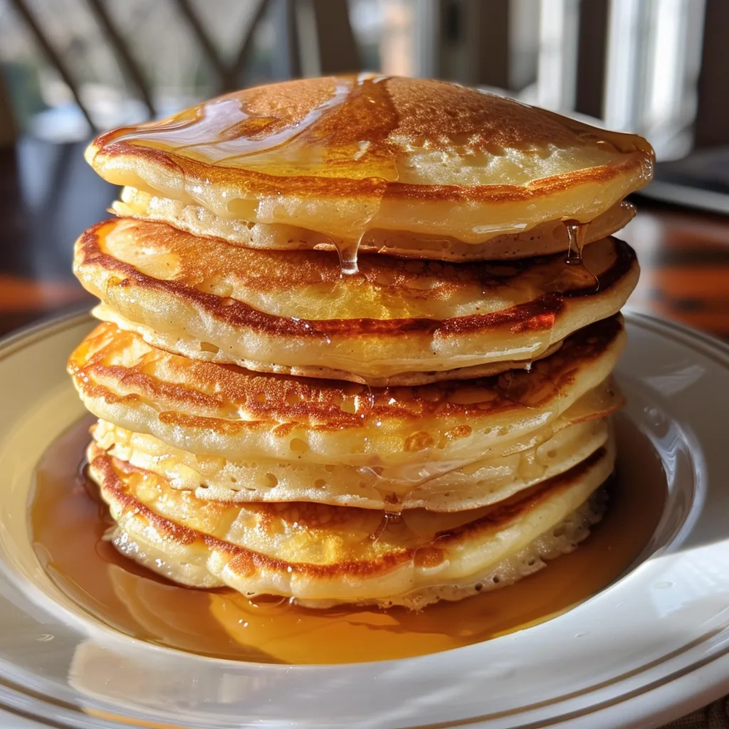 Side view of moist, golden-brown pancakes topped with syrup.