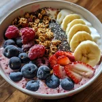 A close-up of a Greek yogurt smoothie bowl topped with fresh fruits and granola.