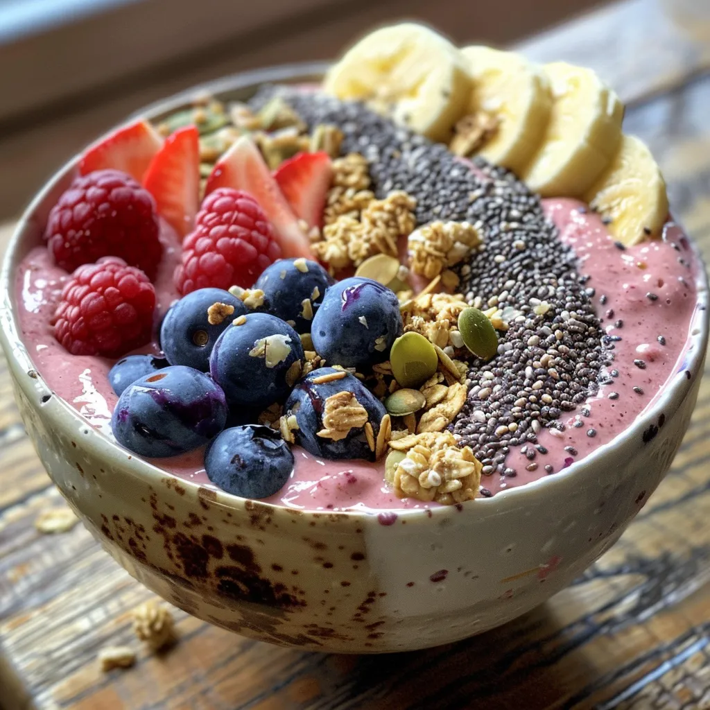 A vibrant Greek yogurt smoothie bowl featuring mixed berries, chia seeds, and nuts.