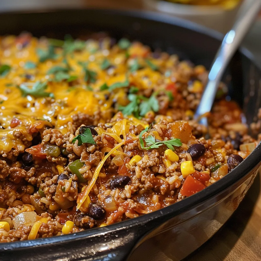 Side view of a colorful Ground Beef Burrito Skillet topped with cheese.