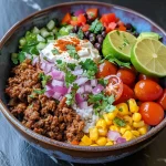 A close-up view of Ground Beef Taco Bowls with colorful toppings.