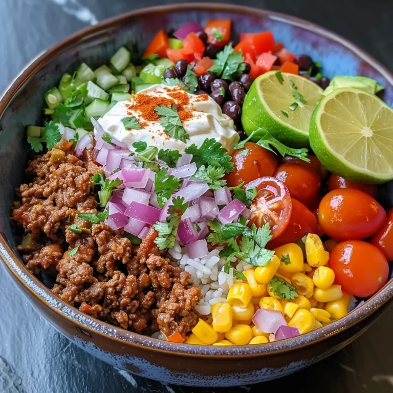A close-up view of Ground Beef Taco Bowls with colorful toppings.