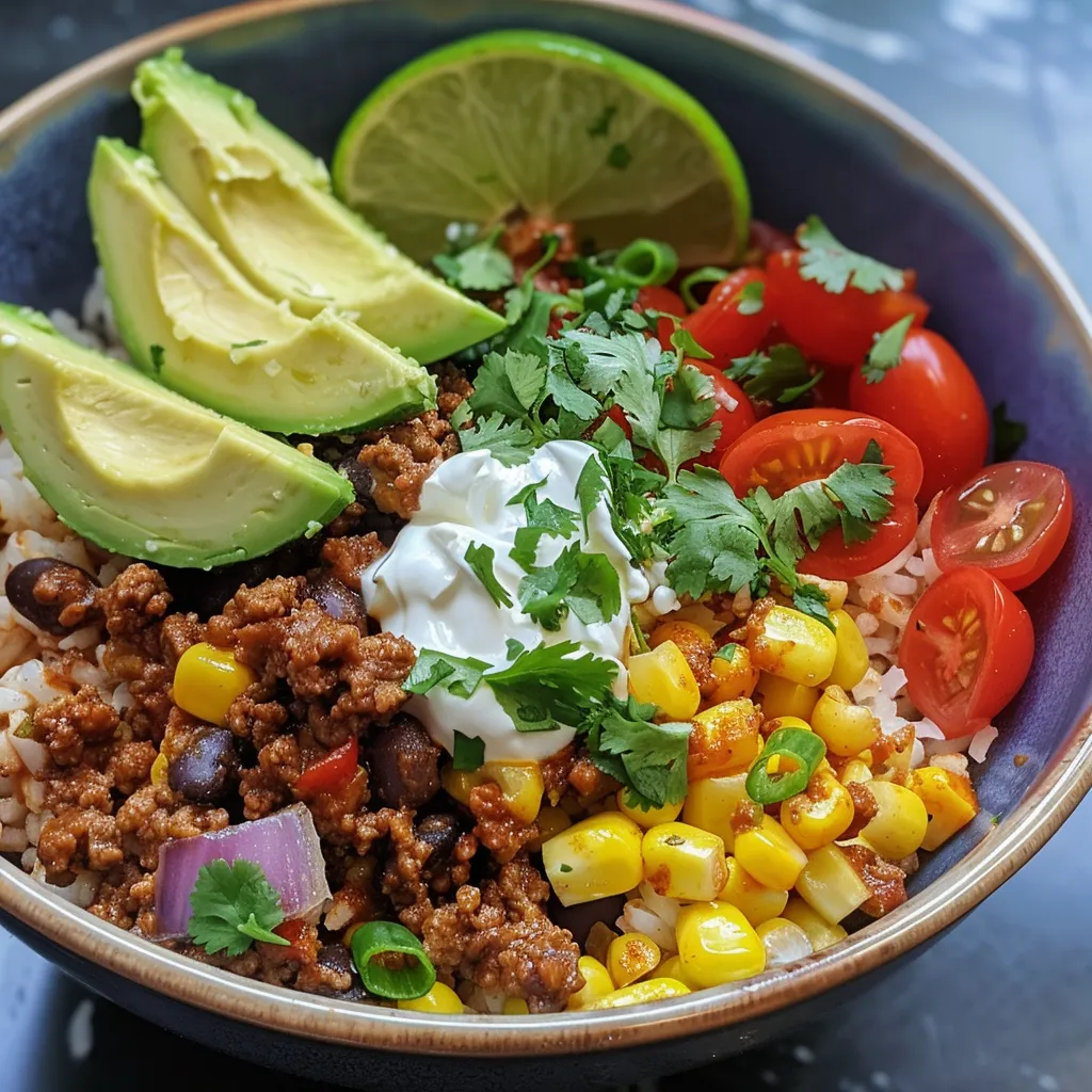 Juicy Ground Beef Taco Bowls featuring rice, beans, and fresh vegetables.