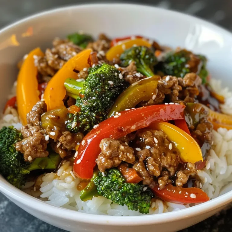 Juicy ground beef teriyaki stir fry with colorful bell peppers and broccoli.