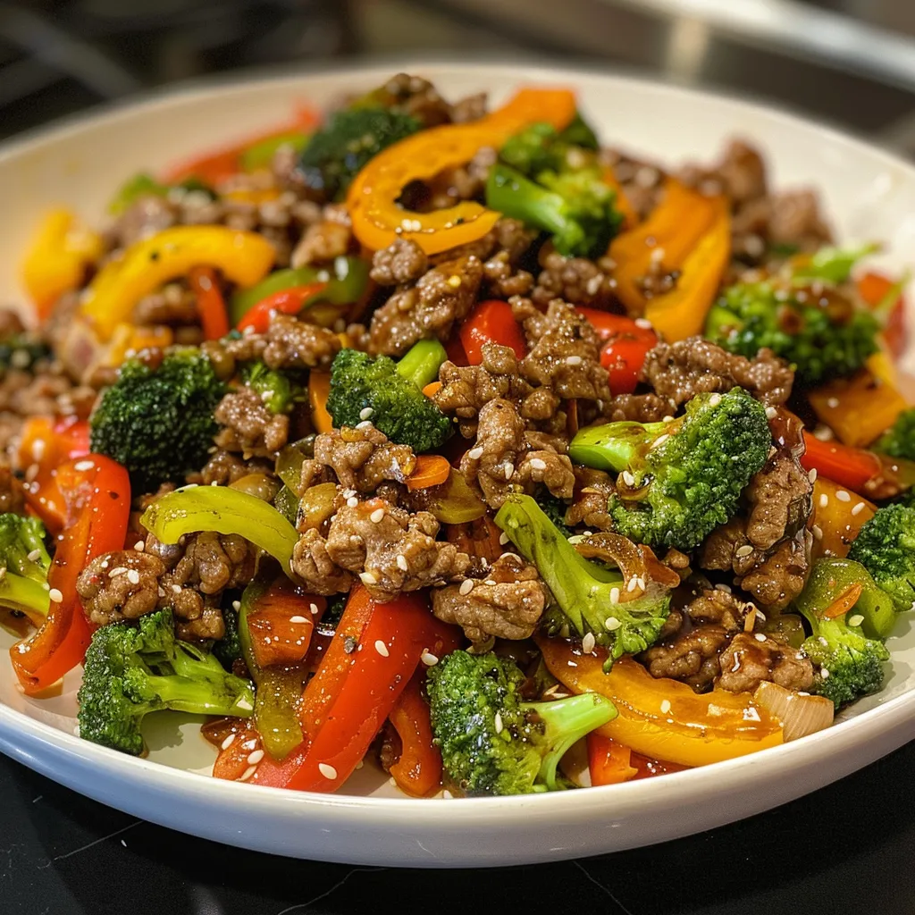Close-up view of a delicious ground beef teriyaki dish showcasing vibrant vegetables.