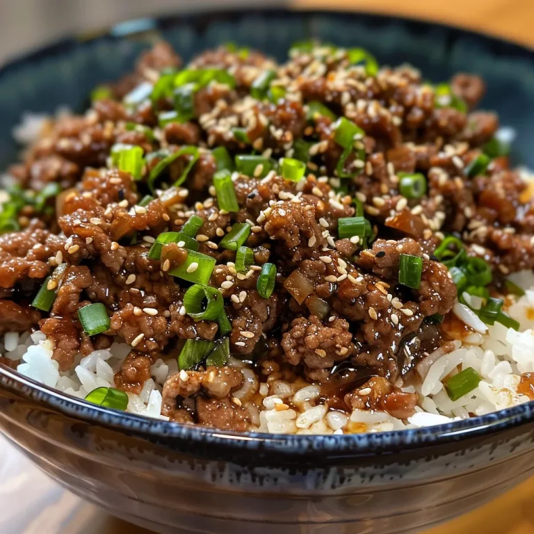 Juicy ground beef teriyaki in a bowl, garnished with sesame seeds and green onions.