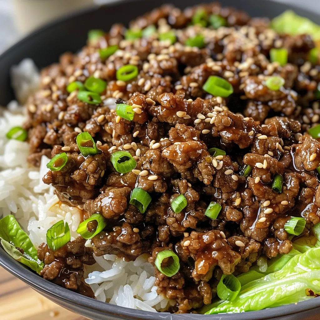 Close-up view of ground beef teriyaki served on rice, with a side of lettuce leaves.