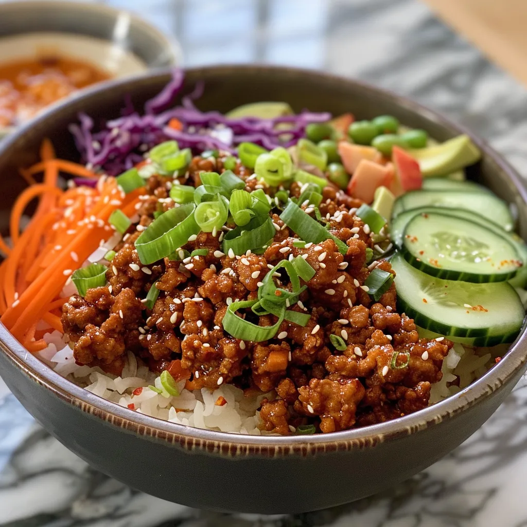 Side view of a delicious ground turkey rice bowl topped with sesame seeds and green onions.