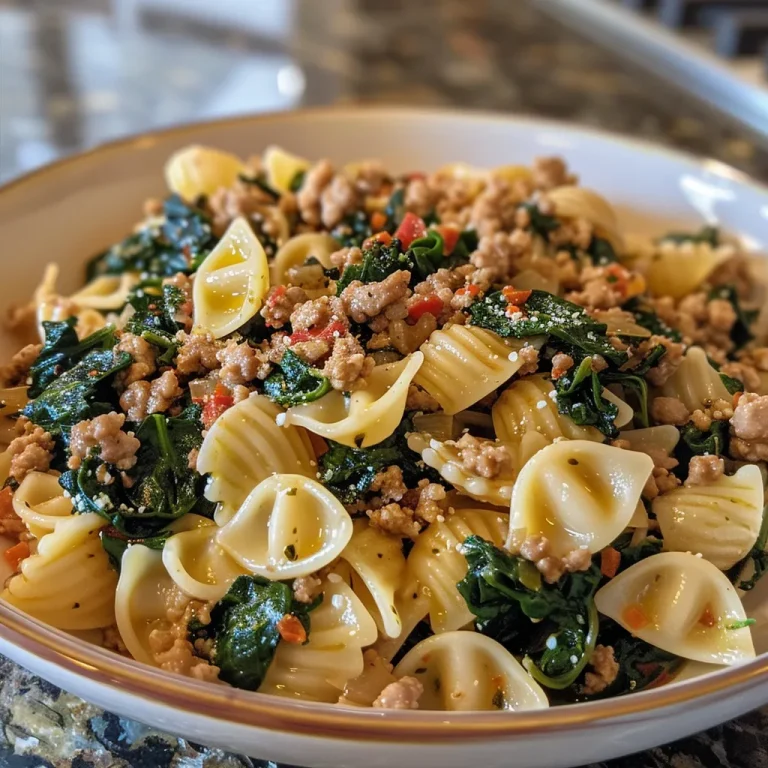 Close-up view of a bowl of ground turkey spinach pasta with vibrant green spinach and pasta noodles.