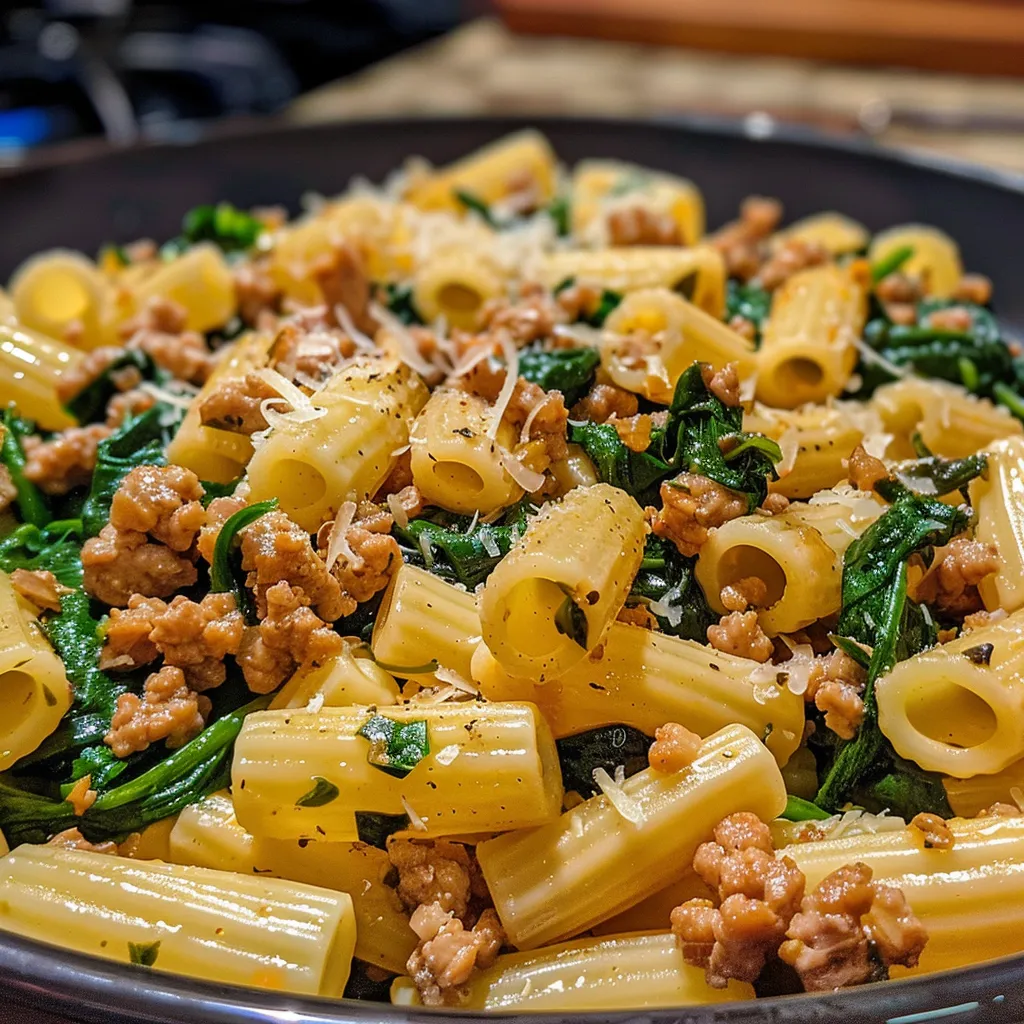 Side angle of healthy ground turkey and spinach pasta served in a rustic bowl, showcasing its ingredients.