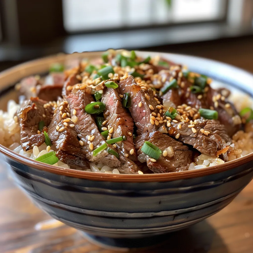 A side perspective of Gyudon featuring juicy beef served over fluffy Japanese rice.