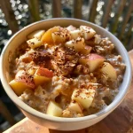 Close-up view of apple cinnamon overnight oats in a clear glass jar.