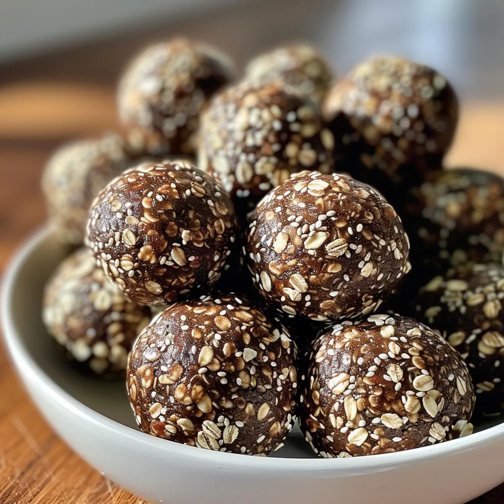 Side view of several chocolate energy balls with a rich, dark appearance.