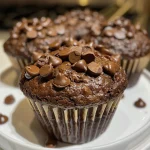 Close-up view of healthy chocolate muffins with chocolate chips on top.