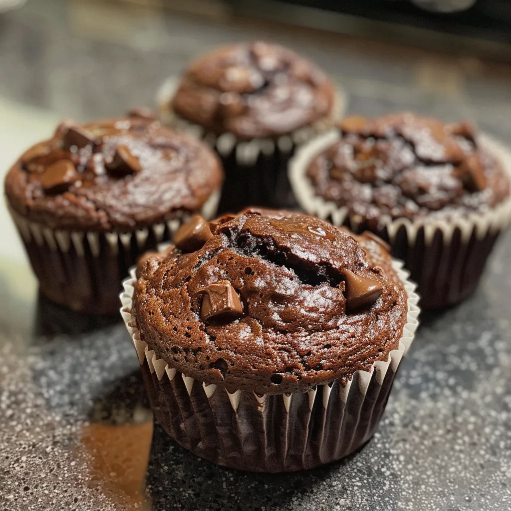 Side view of freshly baked chocolate muffins, showcasing a moist texture.