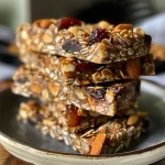 Close-up view of homemade healthy granola bars with visible nuts and dried fruits.