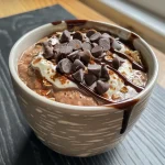Close-up view of a mug filled with a healthy brownie dessert, topped with chocolate chips.