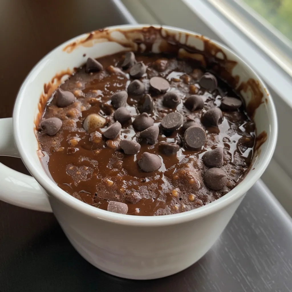 Side view of a decadent brownie in a mug, showcasing its rich texture and ingredients.