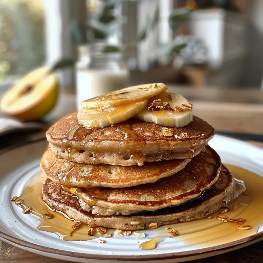 Side angle of golden-brown oatmeal pancakes garnished with apple slices.
