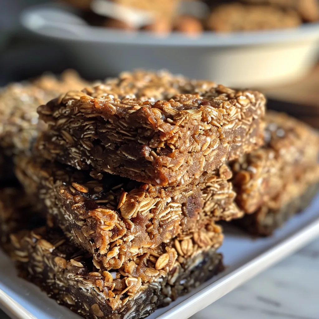 Close-up view of healthy oatmeal breakfast bars with visible texture and ingredients.