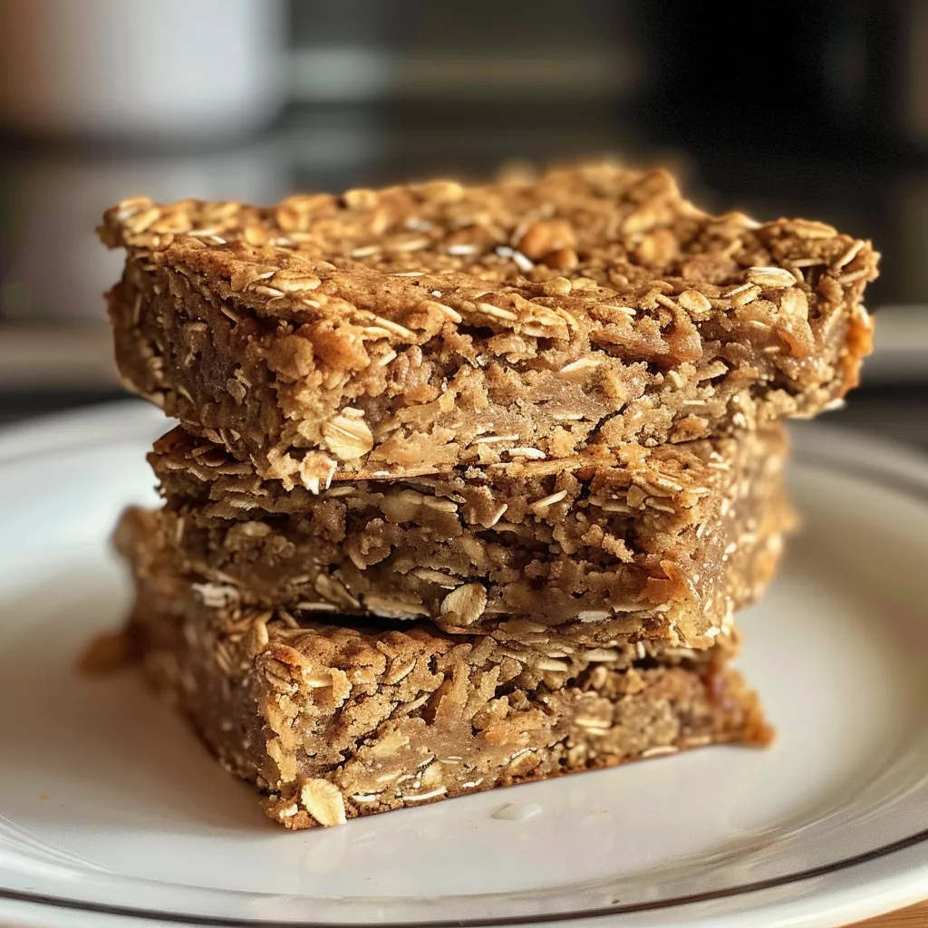 Side view of delicious oatmeal breakfast bars showcasing their chewy consistency.