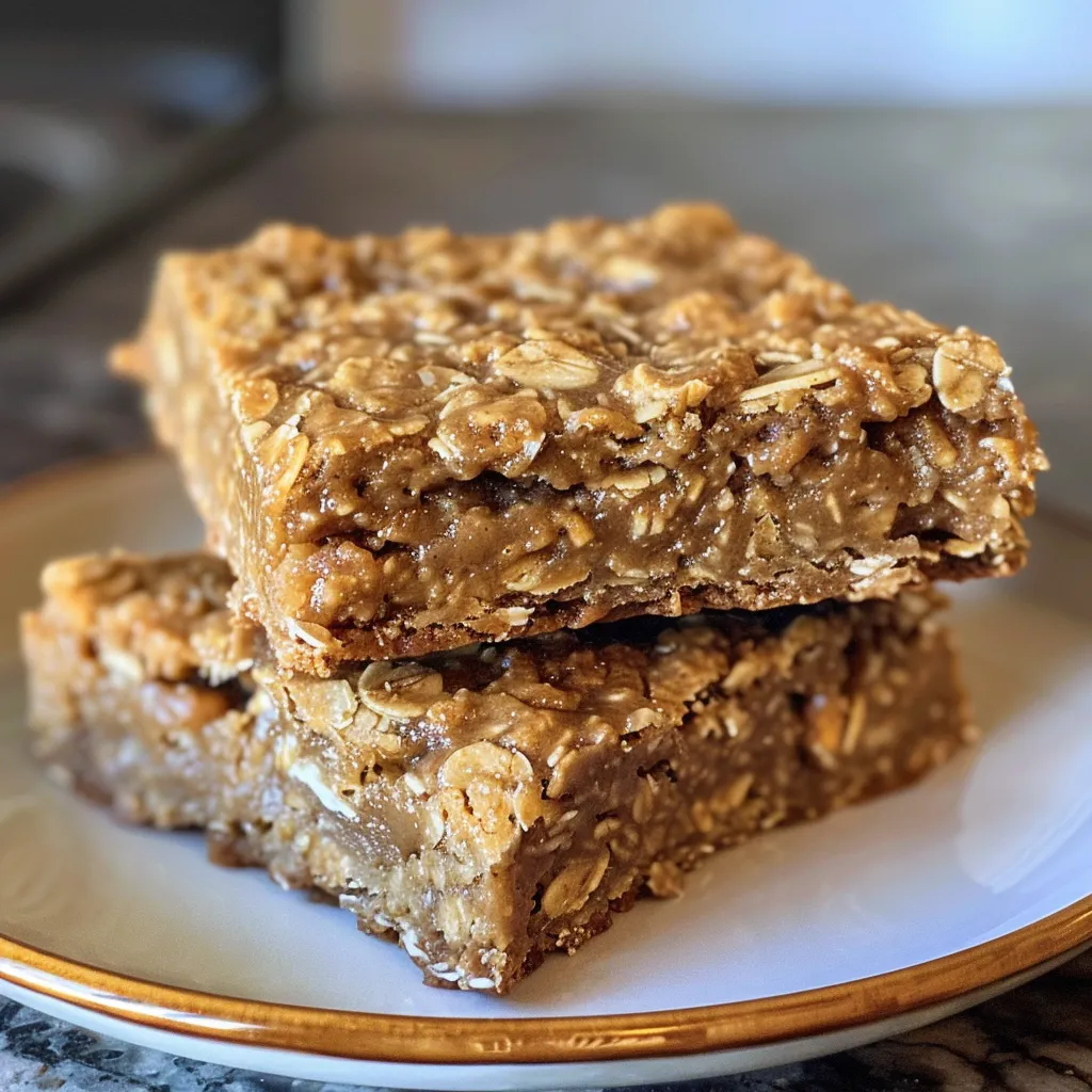 Close-up view of Healthy Peanut Butter Oatmeal Bars, showcasing a golden-brown texture.