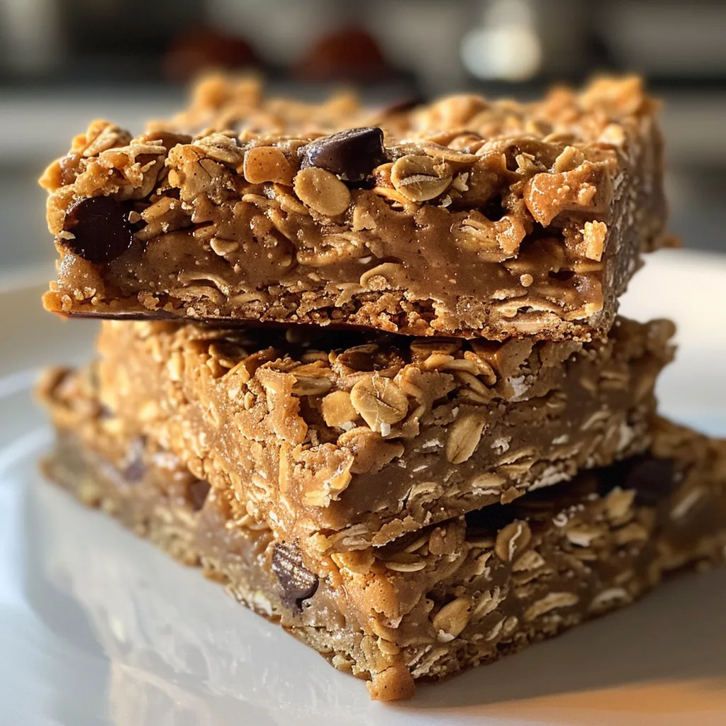 Side view of delicious Healthy Peanut Butter Oatmeal Bars, highlighting their chewy consistency.