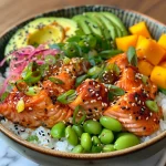 Close-up view of a healthy salmon rice bowl topped with avocado, edamame, and mango.